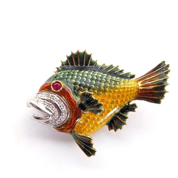 Vintage Estate Diamond Ruby 18K Yellow Gold Signed Italy Enamel Fish Brooch
